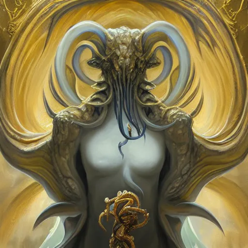 Image similar to angelarium, cthulhu, illithid, white marble and gold, oil painting, by peter mohrbacher