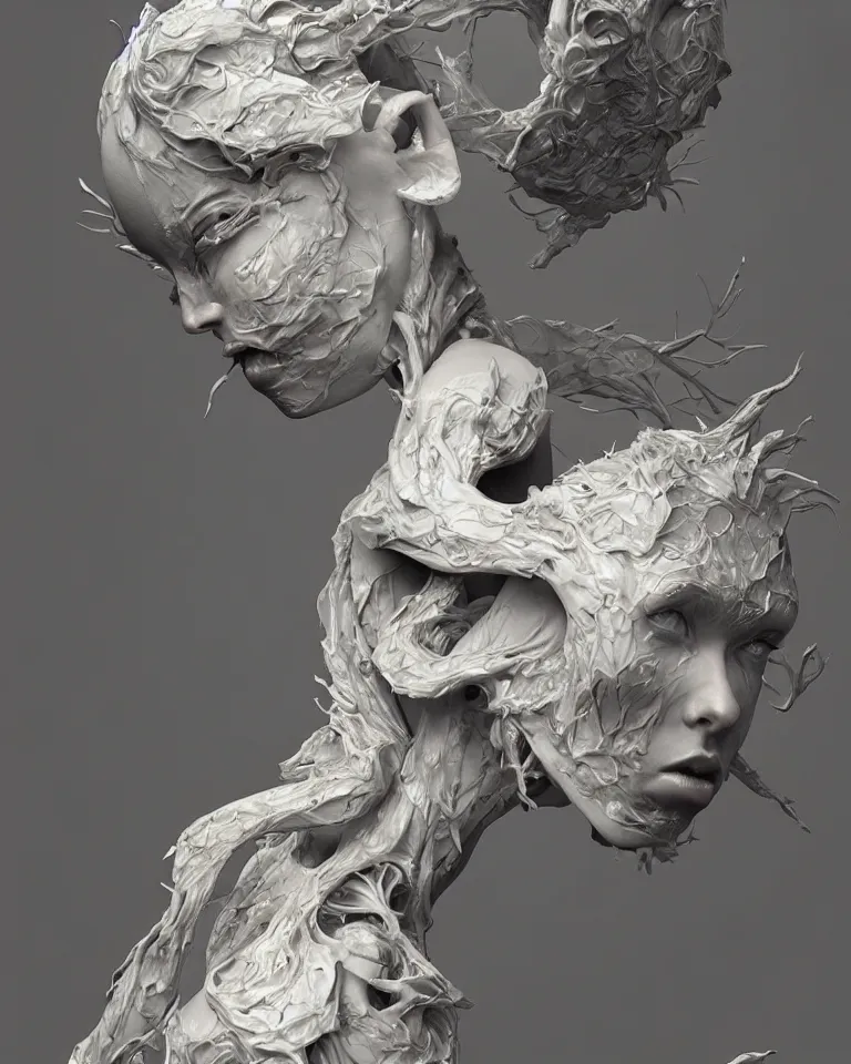 Prompt: a sculpture of a gorgeous etherial female, breaking apart, metaphysical paintings, Andrew Ferez, jeremy geddes, cosmic horror, octane render, trending on cgsociety, featured on zbrush central, grotesque, vanitas, new sculpture, mystical