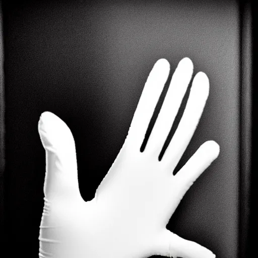 Image similar to a disembodied 5 - fingered white gloved hand sticking out from behind a dark doorway, waving at a terrified boy watching tv in a living room, cinematic lighting, dark living room, doorway with the gloved hand in the distance, haunted, scary