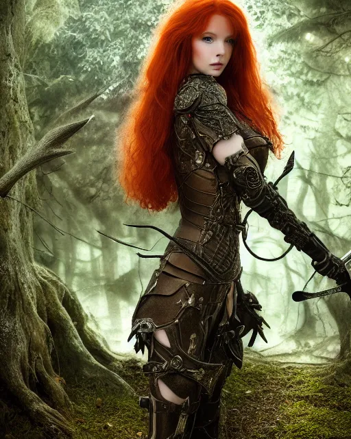 Image similar to 5 5 mm portrait photo of an armored redhead woman with a sword, and antlers growing from her head. magical forest in the backgeound. by luis royo. highly detailed 8 k. intricate. lifelike. soft light. nikon d 8 5 0. cinematic post - processing