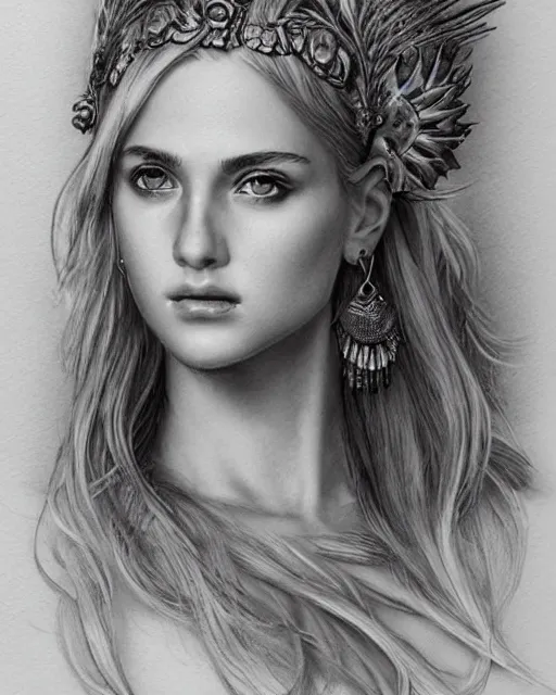 Image similar to beautiful aphrodite greek goddess wearing a laurel wreath and arrowhead earrings, hyper - realistic tattoo sketch, beautiful piercing eyes with sharp pupils, beautiful blonde hair, in the style of greg rutkowski, fantasy, amazing detail, epic, elegant, smooth, sharp focus