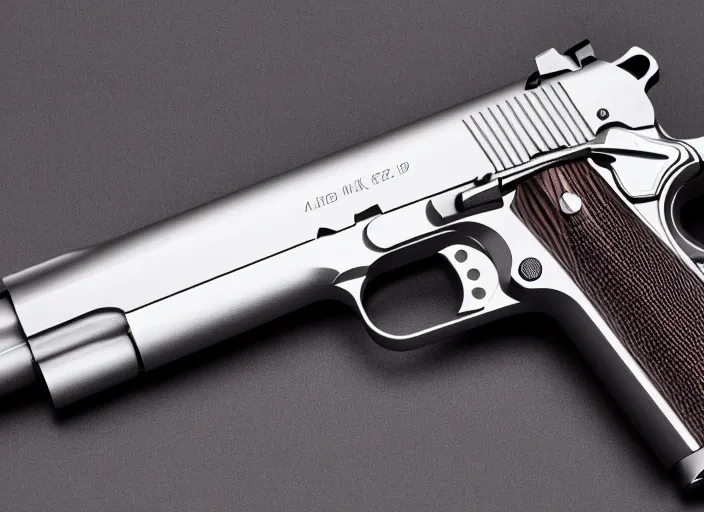 Prompt: Dark-toned product photos, medium shot, Colt M1911 in chromium metal, 4K, Vintage