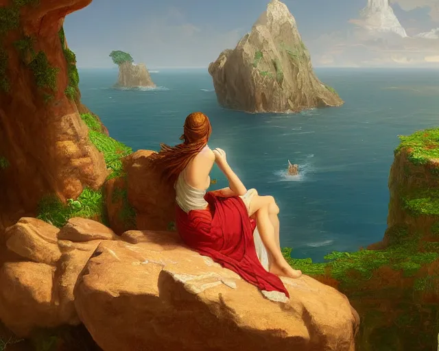 Image similar to a painting of a woman sitting on a rock overlooking an island, a digital painting by thomas cole, cgsociety, metaphysical painting, 2 d game art, storybook illustration, detailed painting