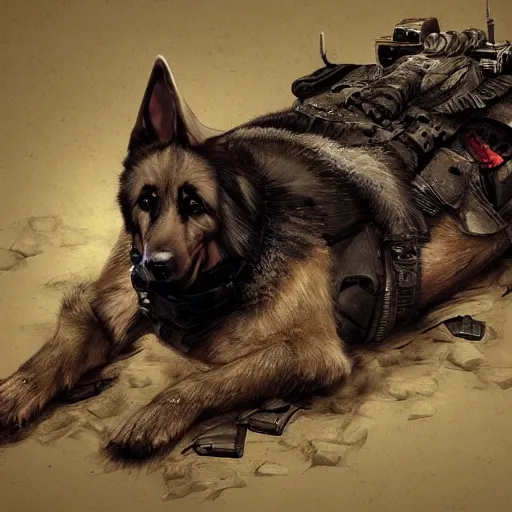 Image similar to a wounded humanoid german shepherd beast - man in military style, sitting on the carpeted floor beside a bed, highly detailed portrait, digital painting, artstation, concept art, smooth, sharp foccus ilustration, artstation