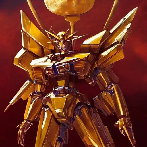 Image similar to H.R. Gieger Golden Gundam, evangelion beast mode, dramatic dynamic lighting, intricate, very very elegant, highly detailed, digital painting, artstation, very hyperrealistic, very very very HR GIGER, very beautiful, concept art, smooth, sharp focus, illustration, art by artgerm and greg rutkowski and alphonse mucha daily deviation