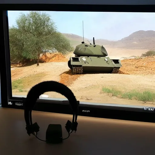 Image similar to view from behind from bed of a cute fluffy caracal wearing headset watching big tv displaying world of tanks, intricate detail, cinematic composition