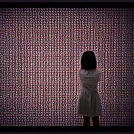 Prompt: a girl watching a lot of television screens static on a room, 8 mm, found footage