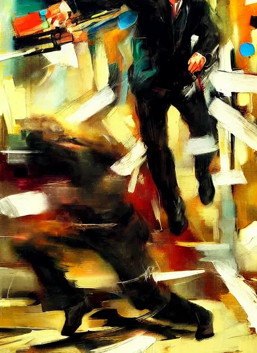 Prompt: jon taffer, enraged, painting by phil hale, 'action lines'!!!, graphic style, visible brushstrokes, motion blur, blurry