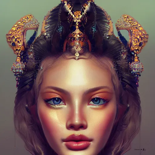 Image similar to Beautiful detailed portrait of an exotic goddess by Nick Silva, Shin JeongHo, Wandah Kurniawan, Symmetrical composition with people centered, realistic proportions, trending on artstation