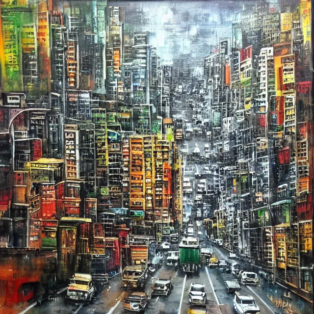 Prompt: streets of mumbai, future, mossy buildings, high fidelity, oil painting, straight lines