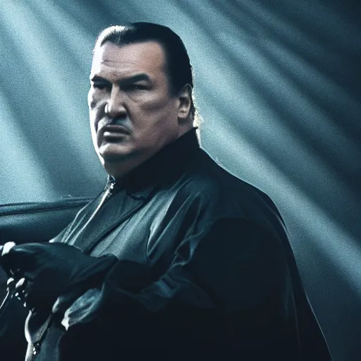 Image similar to from the movie a still of steven seagal as a fat batman, cinematic, studio lighting. god rays through fog. 4 k