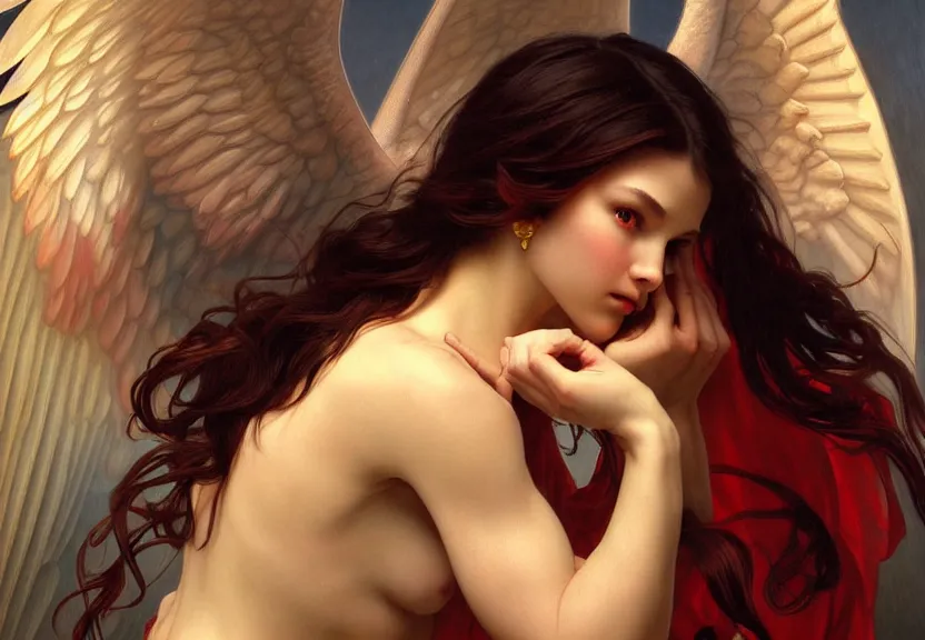 Image similar to pwerful angle demon afraid of an angel painting, good vs evil, highly detailed, digital painting, smooth, beautiful angle, weak demon, sharp focus, illstration, ultra realistic, dmon vs angle, heaven vs hell, 8 k, strong and powerful confident angle art by artgerm and greg rutkowski and alphonse mucha