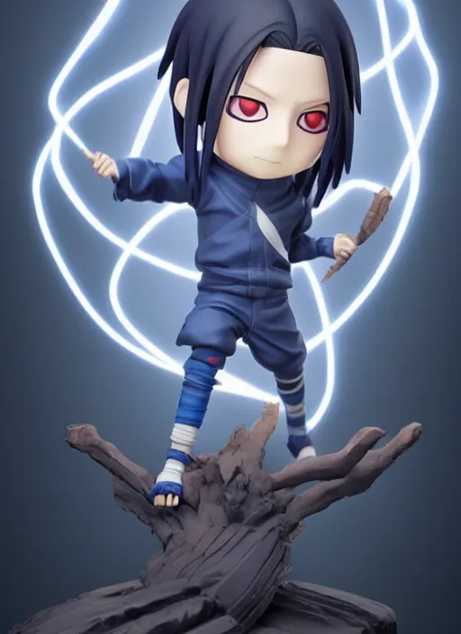 Image similar to chibi uchiha sasuke anime figurine, electricity, art by gerald brom, greg rutkowski and artgerm and james jean and zdzisław beksinski, unreal engine, studio lighting