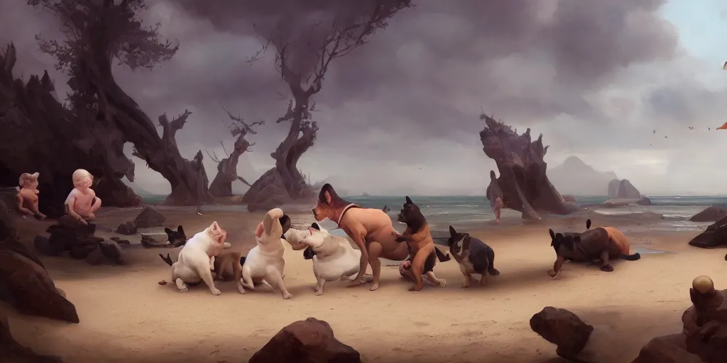 Prompt: french bulldogs playing on the beach, mythology, extremely detailed digital painting, in the style of dali, jheronimus bosch and ruan jia and jeremy lipking and peter mohrbacher, mystical colors, edge light, beautiful lighting, 4 k, stunning scene, ray tracing, octane, trending on artstation