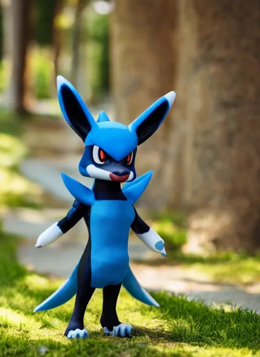 Image similar to portrait photo still of real life pokemon character lucario, 8 k, 8 5 mm f 1. 8