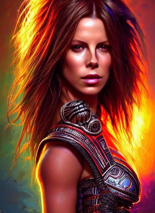 Prompt: portrait, hyper detailed ultra sharp aztec underworld warrior trance girl, breathtaking, kate beckinsale. trending on artstation, warpaint aesthetic, earthwave, colorful, neon, ornate, intricate, digital painting, concept art, smooth, sharp focus, illustration, art by artgerm and greg rutkowski and h. r. giger, 8 k