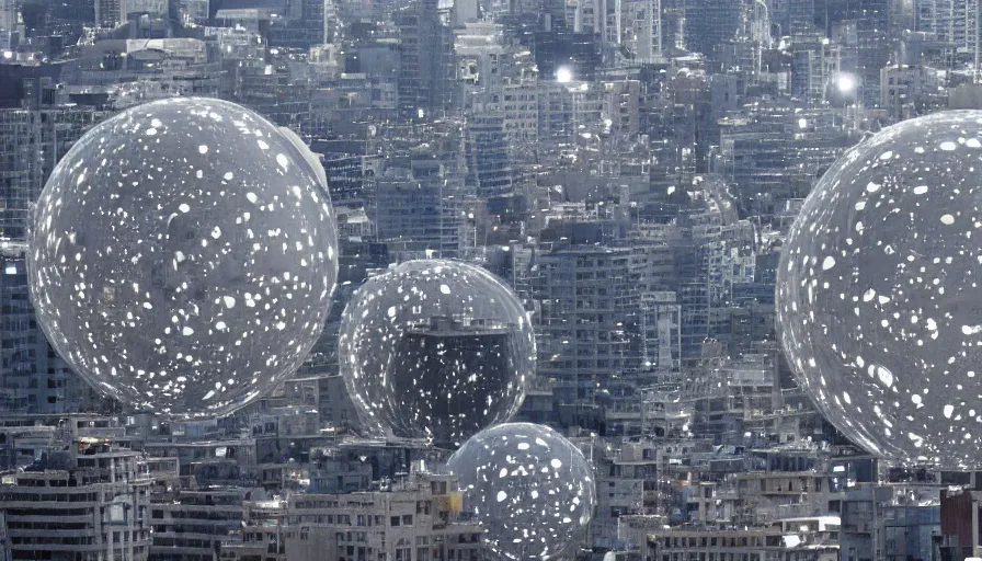 Image similar to dozens of giant metallic white spheres float above the skyline of a large city