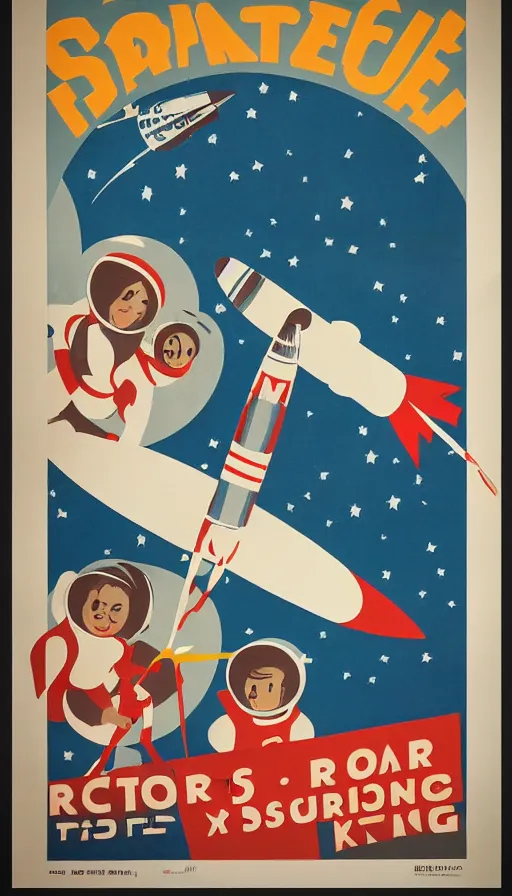 Image similar to retro propaganda poster for space exploration, rocket launching, small humans watching