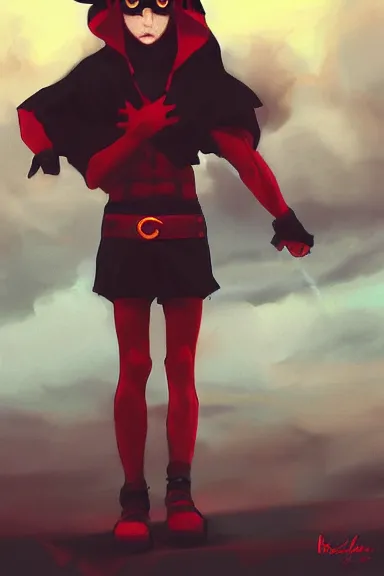 Image similar to little boy with cat ears in an black outfit with red cape. digital artwork made by lois van baarle and kentaro miura and marc simonetti, sharpness focus, inspired by hirohiko araki, anatomically correct, heroic composition, hero pose, smooth, city