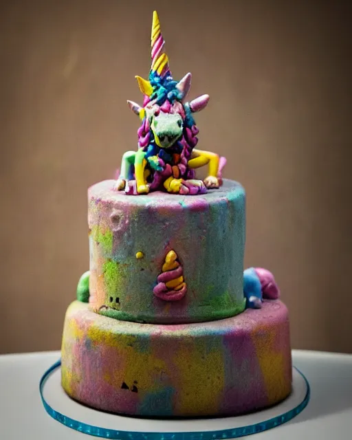 Image similar to photo of a childrens birthday cake scary unicorn designed by beksinski, bokeh