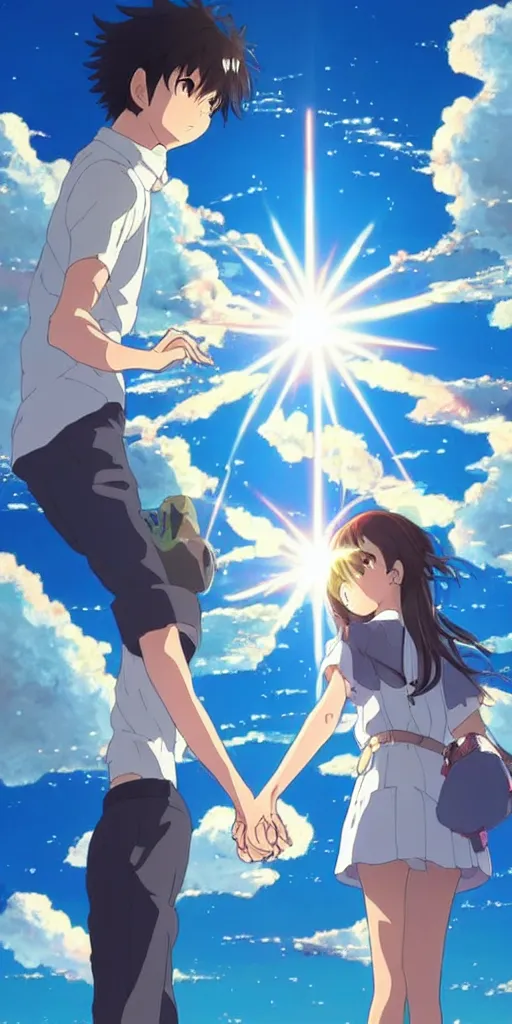 Image similar to a man and a woman holding hands under a beautiful sun drawn like the anime Your Name anime, intricate, psychedelic,