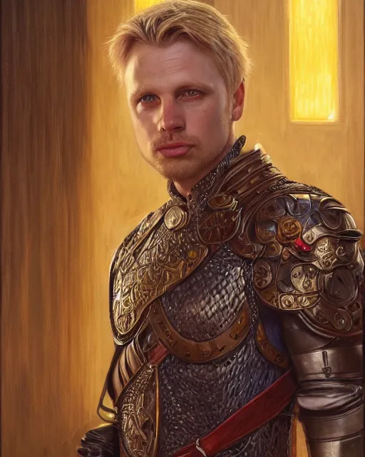 Image similar to attractive arthur pendragon portrait, highly detailed, very intricate, cinematic lighting, closeup painted portrait, by donato giancola and rossdraws and magali villenueve, featured on artstation