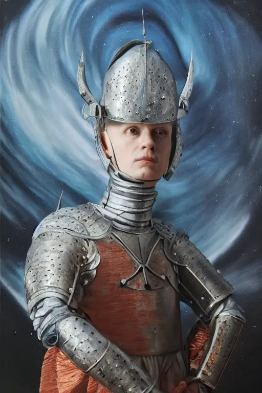 Image similar to hyperrealism oil painting, close - up portrait of albino medieval fashion model, knight, steel gradient mixed with nebula sky, in style of baroque