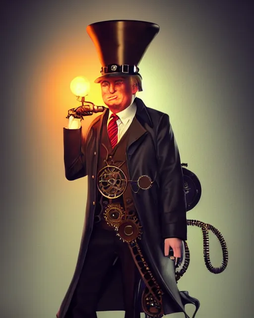 Prompt: steampunk donald trump portrait, handsome, steampunk hat, detective coat, steampunk monocle, complex 3 d render by ilya kuvshinov, peter mohrbacher, greg rutkowski, ryohei hase, dramatic lighting, intricate, highly detailed, sharp focus, luminous, unreal engine, blender, artstation, masterpiece, ray tracing