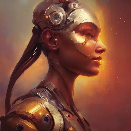 Prompt: a beautiful portrait of a cyborg goddess, a detailed painting by greg rutkowski and raymond swanland, featured on cgsociety, fantasy art, detailed painting, artstation hd, photorealistic