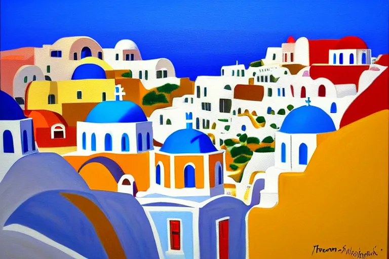 Prompt: santorini landscape, painting by thomas mcknight, trending on artstation, vibrant colors