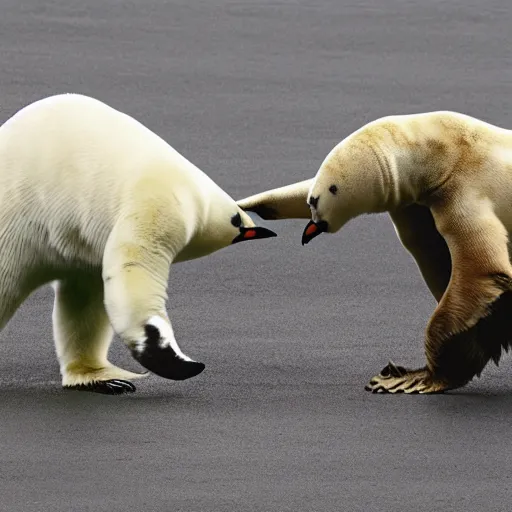 Prompt: a penguin fighting a polar bear