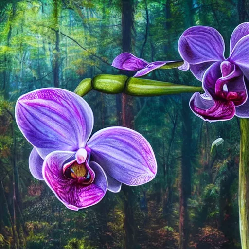 Prompt: giant orchid in forrest, highly detailed, photorealistic