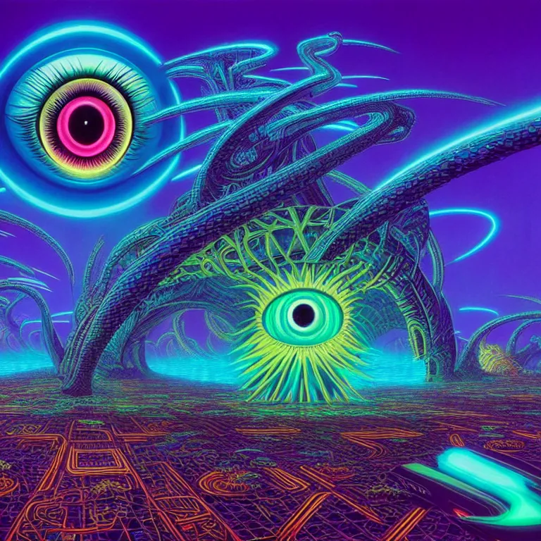 Image similar to mythical glowing eyeballs in infinite serpent city, ( ( ( synthwave ) ) ), ( ( fractal waves ) ), bright neon colors, highly detailed, cinematic, tim white, michael whelan, caza, bob eggleton, philippe druillet, vladimir kush, kubrick, alfred kelsner