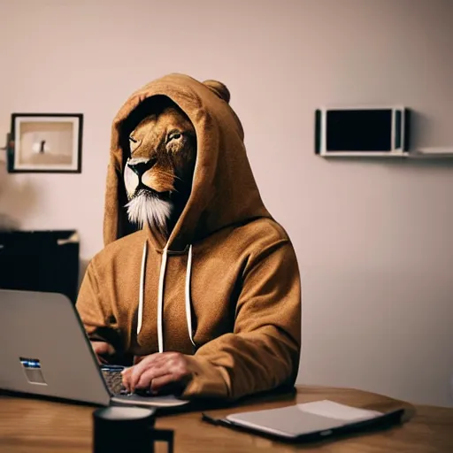 Prompt: Photograph of a lion in a hoodie hacking on a laptop