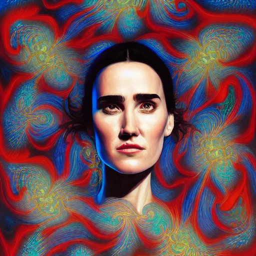 Image similar to Fractal portrait of Jennifer Connelly, pop surrealism, Houdini arithmetic generative art, very coherent, painted by Edward Hopper, Wayne Barlowe, painted by James Gilleard, airbrush, art by JamesJean