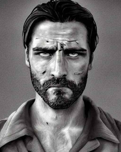 Prompt: portrait of muscular, tired and alcoholic 3 0 - year - old model man with short darkblonde hair, serious sad look in his eyes, dirty beard, blue eyes, crying, wearing dirty soldier uniform, on the desert, hyper realistic face, beautiful eyes, character art, art by mark brooks, hyperdetailed, cryengine, trending on artstation, digital art