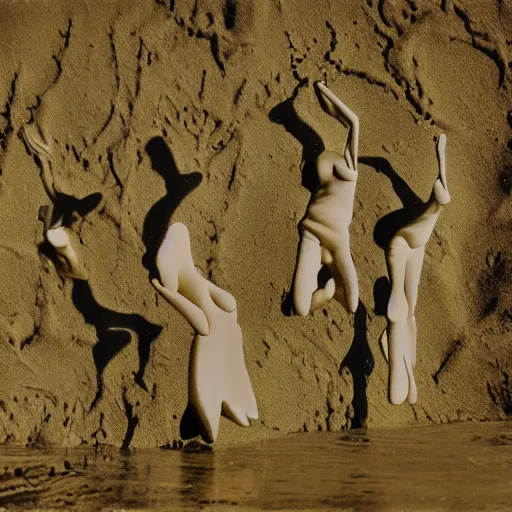 Image similar to melting dancers made of clay and mud on a tanztheater of nature, ultradetailled, ektachrome,