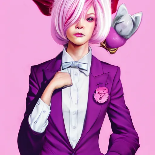 Image similar to portrait of woman with pink hair, large red eyes, and white rabbit ears wearing a purple suit with a red tie and a pink miniskirt, character design by ross tran, bo chen, rebecca oborn, michael whelan, artstation