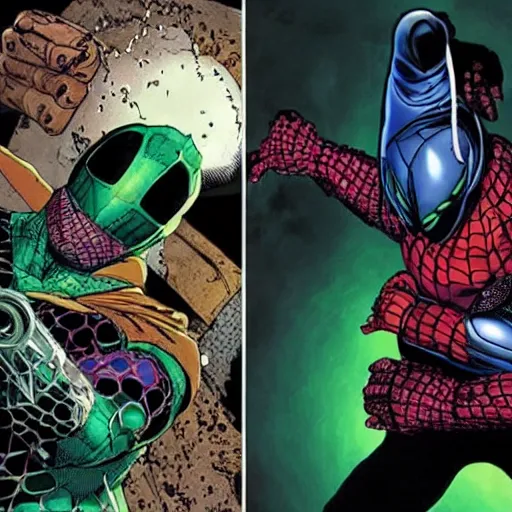 Image similar to Bruce Campbell as mysterio fighting spiderman with a chainsaw hand