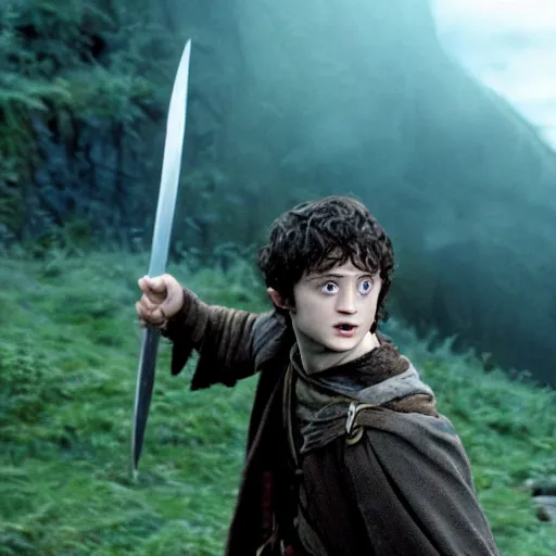 Image similar to Film still of a young Daniel Radcliffe as Frodo in Lord of the Rings: The Return of the King, 4k, wide shot, cinematic