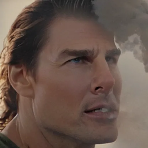 Image similar to tom cruise exhaling a smoke cloud in the movie pineapple express