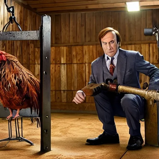 Prompt: saul goodman and a rooster in a saw movie torture chamber, torture devices in the background, saul goodman, rooster, photo