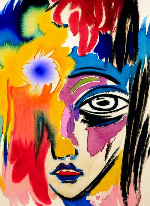 Image similar to vintage 7 0 s anime watercolor by basquiat, a portrait of a lady with colorful face - paint enshrouded in an impressionist watercolor, representation of mystic crystalline rift fractals in the background by william holman hunt, art by cicley mary barker, thick impressionist watercolor brush strokes, portrait painting by daniel garber, minimalist simple pen and watercolor