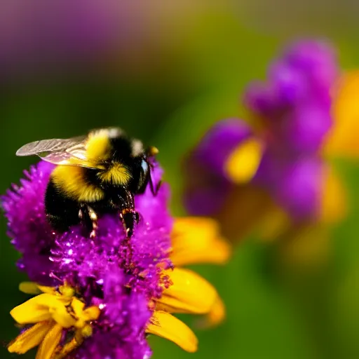 Prompt: a bumble bee made out of flowers sits on a finger, 5 0 mm lens, f 1. 4, sharp focus, ethereal, emotionally evoking, head in focus, volumetric lighting, blur dreamy outdoor,