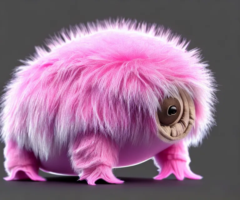 Image similar to high quality 3 d render hyperrealist very cute small tardiradiant, plush mascot, spiky fluffy smooth hair, photo from the side, pink fluffy fur,, fractal veins. cyborg, 1 5 0 mm, beautiful natural soft light, rim light, vray, smooth background, artstation, ultra detailed