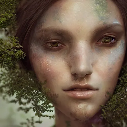 Image similar to photo realistic image of dryad, stunning 3 d render inspired art by istvan sandorfi and greg rutkowski, perfect facial symmetry, realistic, highly detailed attributes and atmosphere, dim volumetric cinematic lighting,