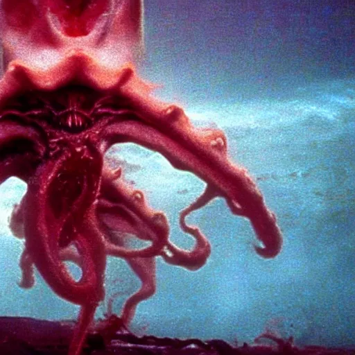 Prompt: the filmic anti - christ rising from a red ocean. alien squid appear. ominous. vivid color detailed photograph from a 1 9 9 0 s horror movie.