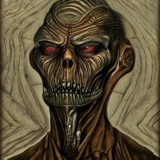 Image similar to portrait by h. r. giger of andrei romanovich chikatilo who became a degraded abomination, photo - realistic, color image, 2 k, highly detailed