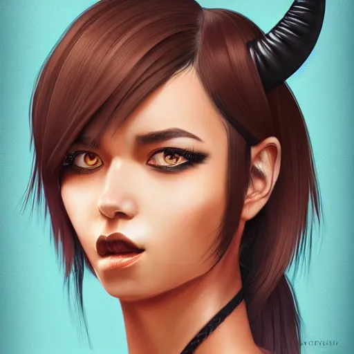 Image similar to illustrated realistic portrait of swept-back prong-horned devil woman with blue bob hairstyle and her tan colored skin and with solid black eyes wearing leather by rossdraws