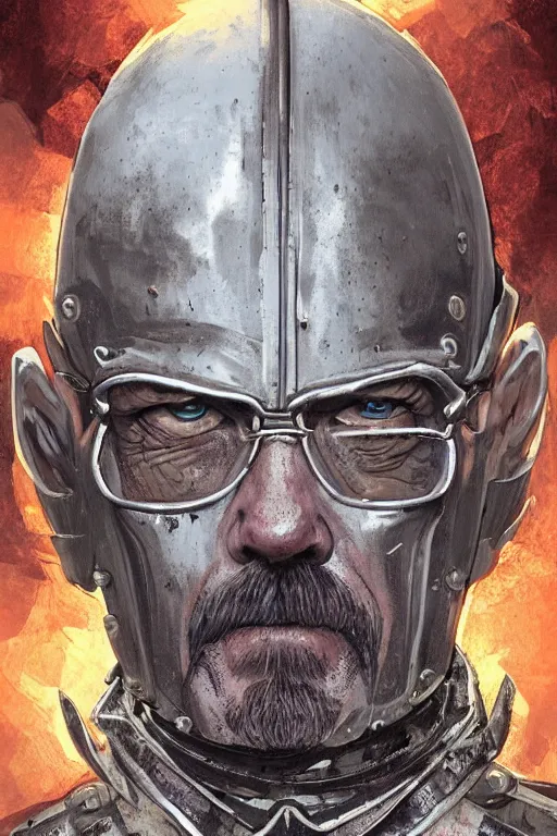 Image similar to Walter white, European beautiful luxury and evil and victorian and gothic medieval white armor knight portrait, front face, ultradetail face, ruined gothic cathedral, dynamic lighting, neon light, art and illustration by tian zi and craig mullins and WLOP and alphonse mucha, ssci-fi, fantasy, intricate complexity, human structure, hypermaximalist, fantasy character concept, dynamic lighting, shafts of golden light, f/1.2, hyperrealism 8k